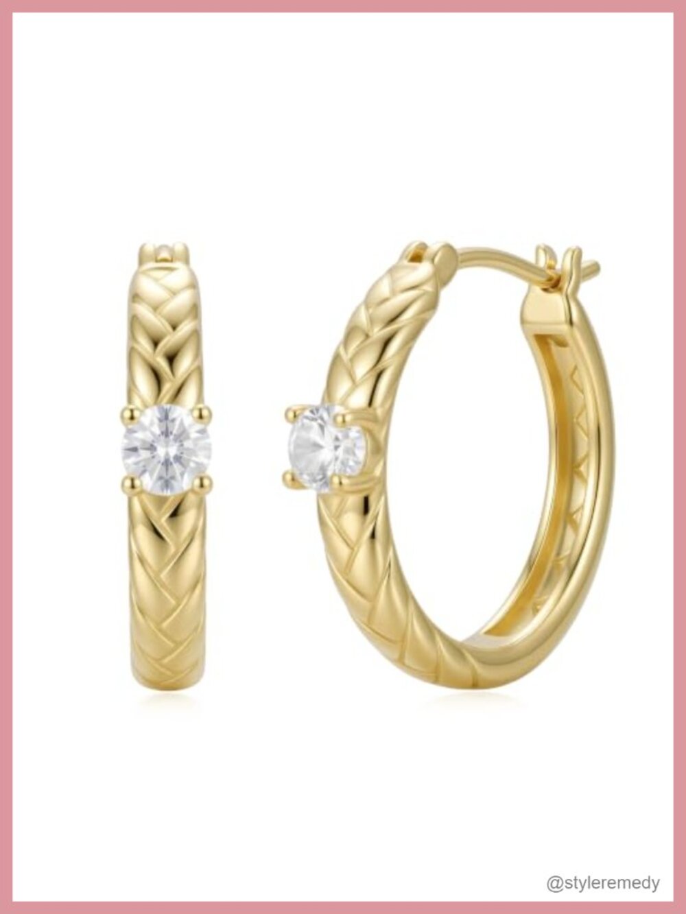 14k Gold Plated Twisted Braided Hoop Earrings Cubic Zirconia 25mm Huggie Hoops